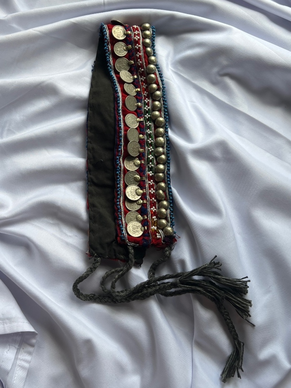Vtg Morocco Berber Belt with Dangling Beads XXS - Red / Blue / Silver